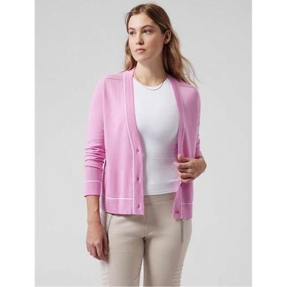 Athleta Pink White Lightweight Button Front Wool Blend Cardigan